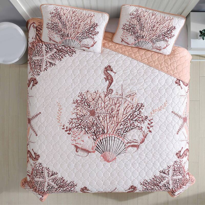 Caribbean Joe Coastal 3PC Quilt Set - Beach Delight Coral - King