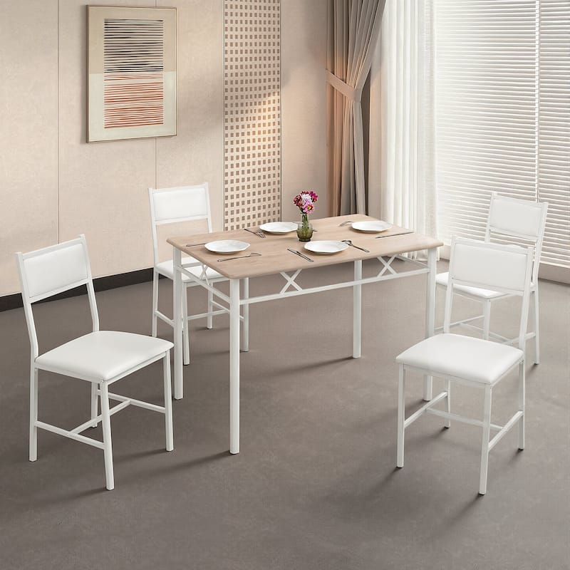 Javlergo 5-Piece White Frame Dining Set with Oak MDF Top PU Leather Chairs with Foam Padding Space Saving for Small Spaces
