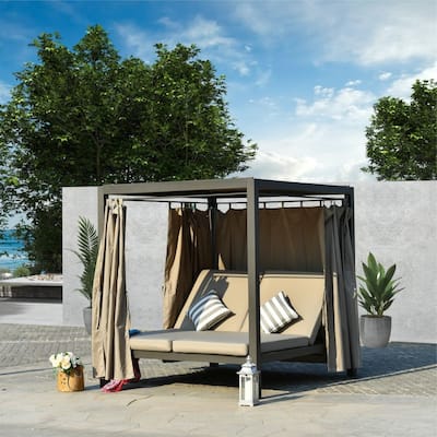 Outdoor Adjustable Daybed with Canopy Patio Steel Lounge Set
