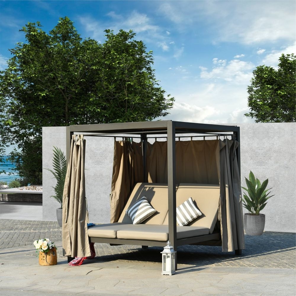 Outdoor Adjustable Daybed with Canopy Patio Steel Lounge Set
