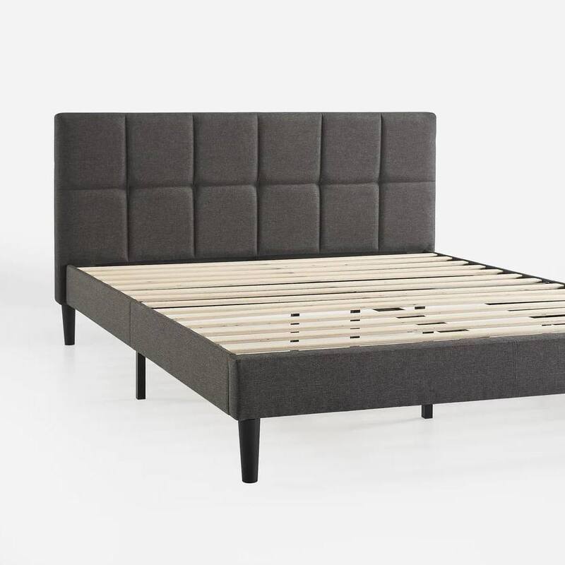 Modern Upholstered Platform Bed with Square-Stitched Headboard Low Profile Bed Frames Grey - King