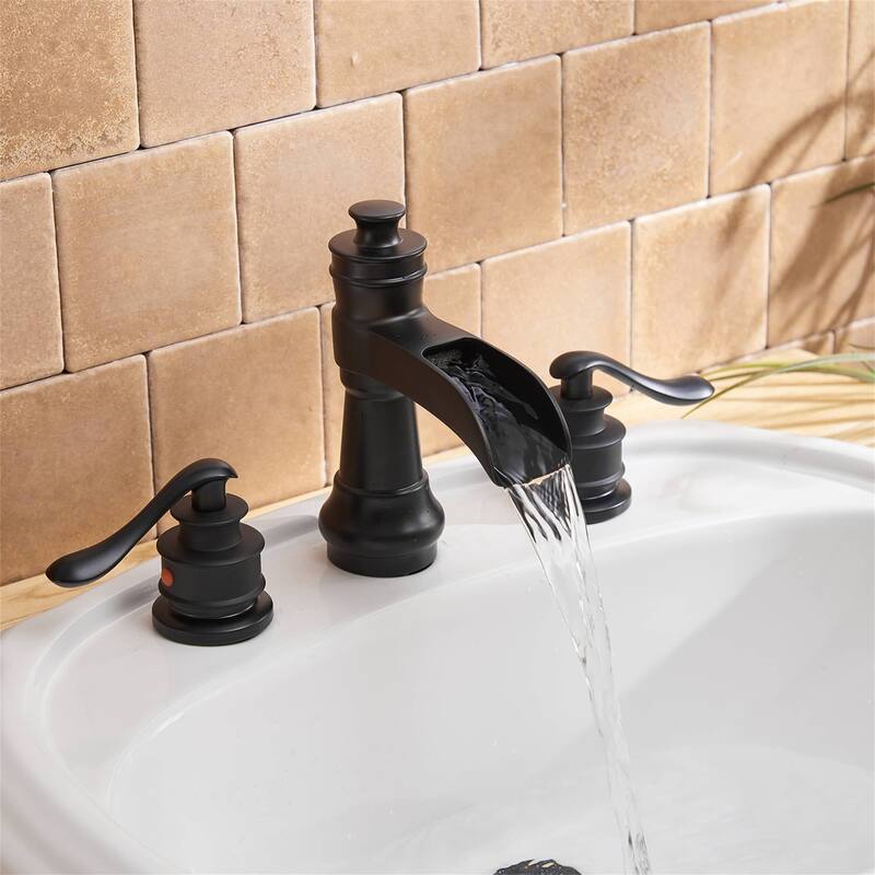 8 Inch Widespread Bathroom Faucet With Drain Assembly Double Handle Waterfall Bathroom Sink Faucets 3 Holes Elegent Basin Taps - Matte Black