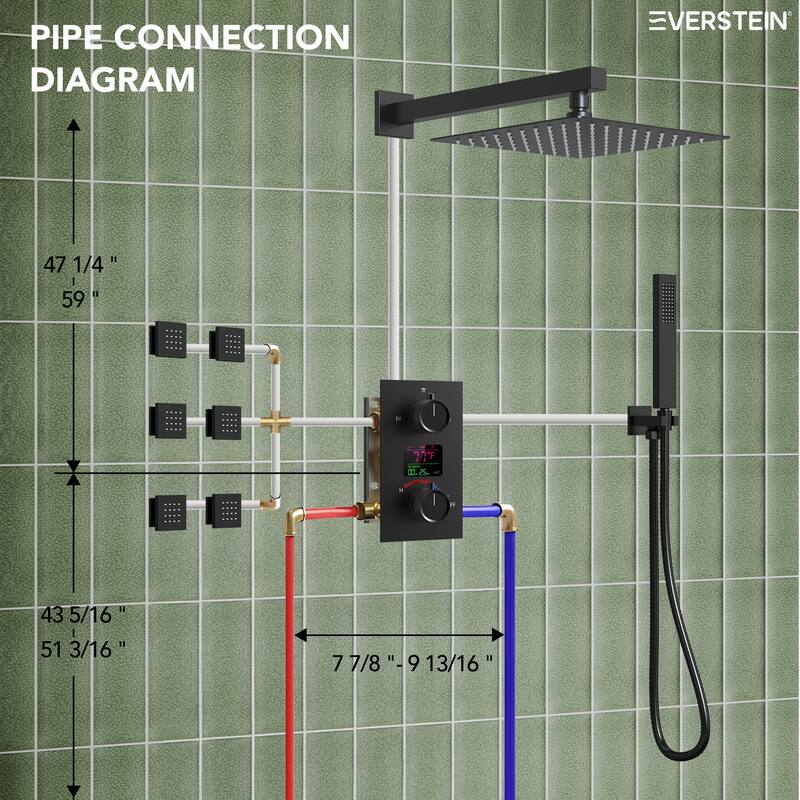 LCD Digital Display Shower System ,12" High-Pressure Rainfall Shower Head with Pressure-Balanced Valve