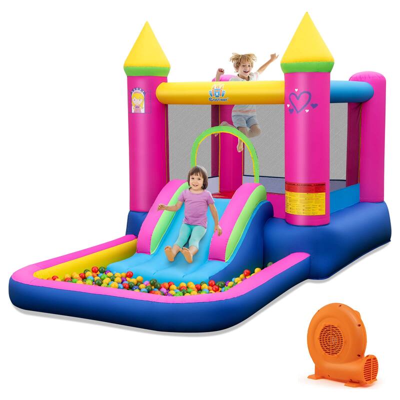 Costway 4-in-1 Kids Princess-themed Bouncer with Slide Basketball Hoop - Multicolor - With 520W Blower