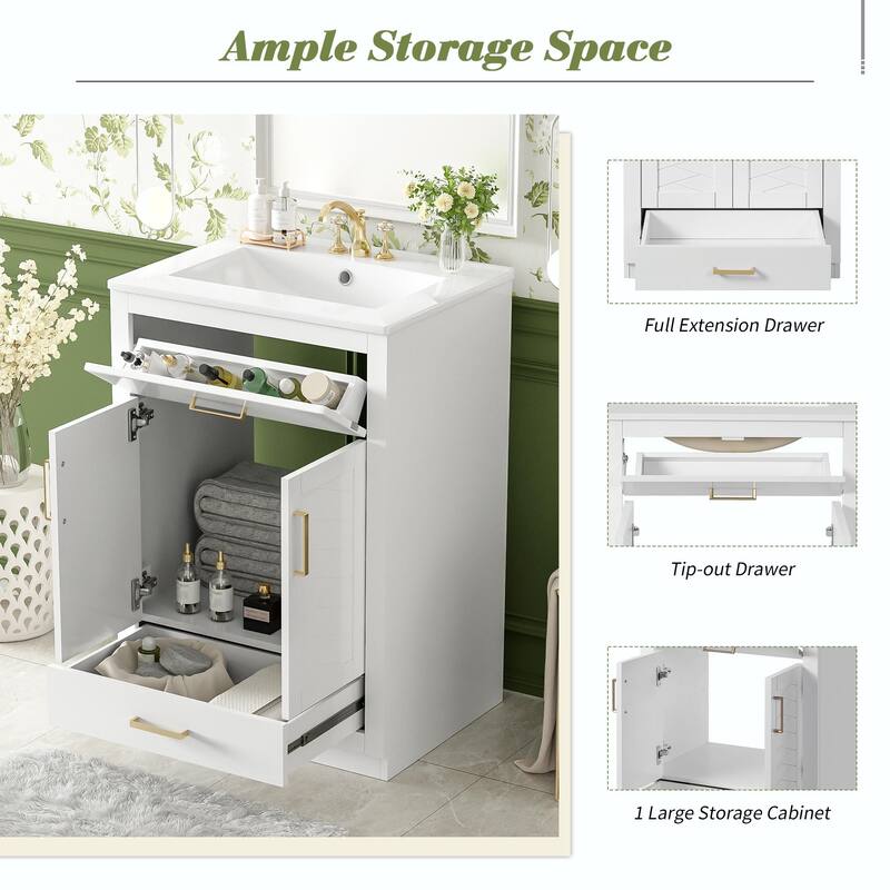 24" Bathroom Vanity with Integrated Ceramic Sink, Cabinet with 2 Doors, 1 Tip-out Drawer