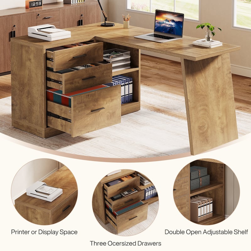Industrial L-Shaped Computer Desk with File Cabinet for Home Office