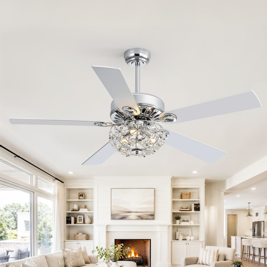 52" Modern Crystal Ceiling Fan with Light, Chrome Chandelier Fan, Remote Control, 6-Speed DC Motor, Breeze Mode - 52-Inch