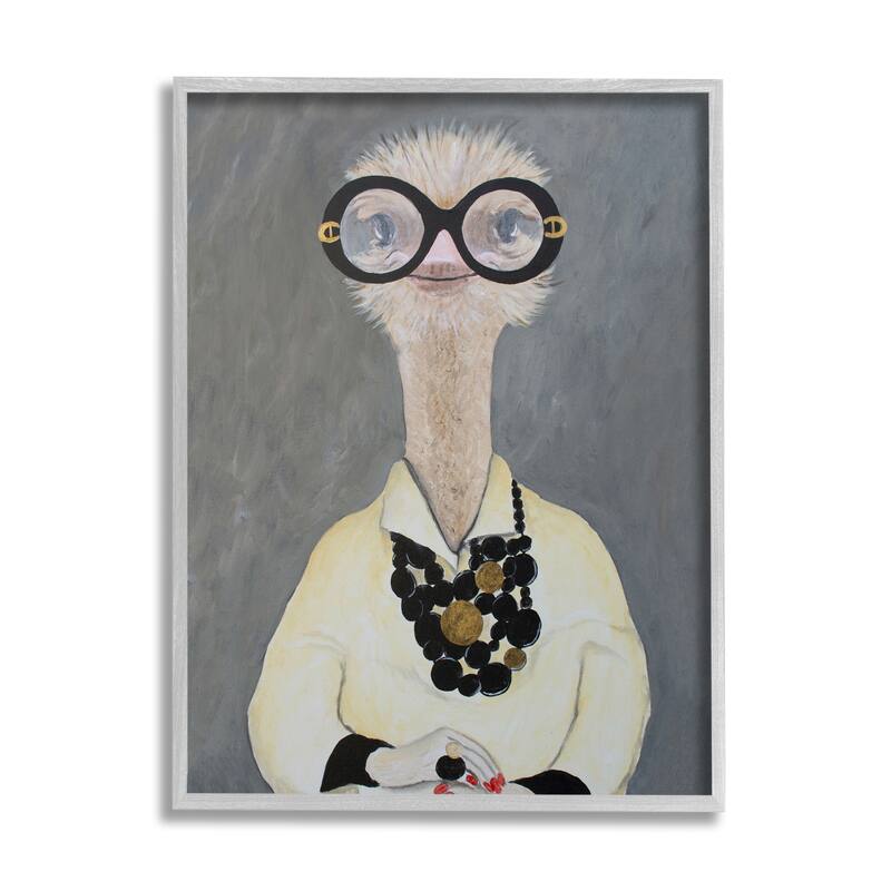 Stupell Ostrich Bird Wearing Glasses Jewelry Painted Nails Framed Wall Art - Grey - 24 x 30 - Grey