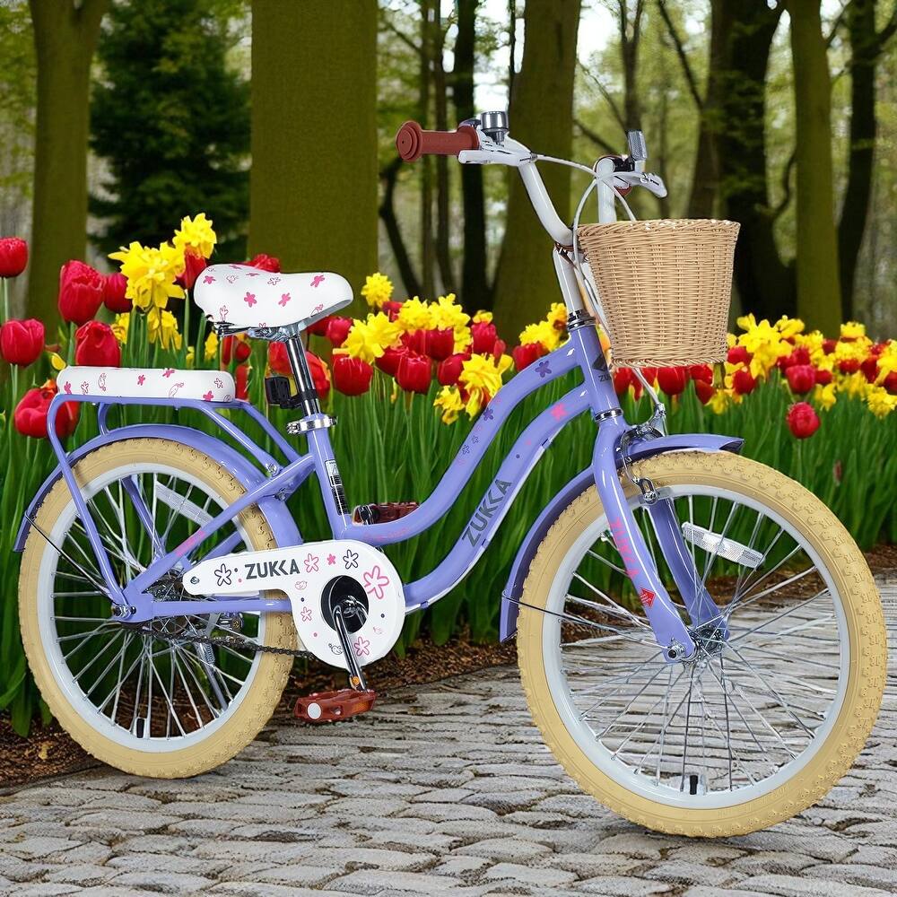Girls 20 Inch Bike with Basket, Steel Frame, Front & Rear Brakes, For Kids Ages 7-10, No Training Wheels