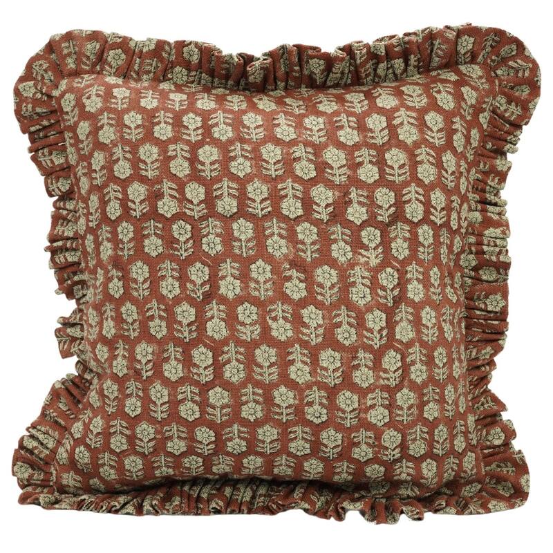 Handmade Rust BLOCK PRINT FRILL PILLOW COVER-TULSIBUTTI - Pillow Covers - 14" x 20"