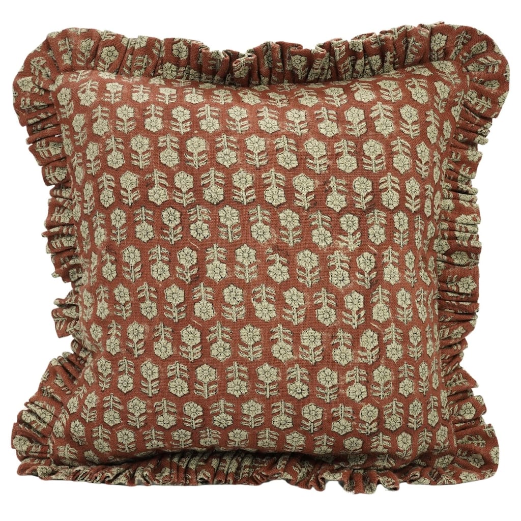 Handmade Rust BLOCK PRINT FRILL PILLOW COVER-TULSIBUTTI
