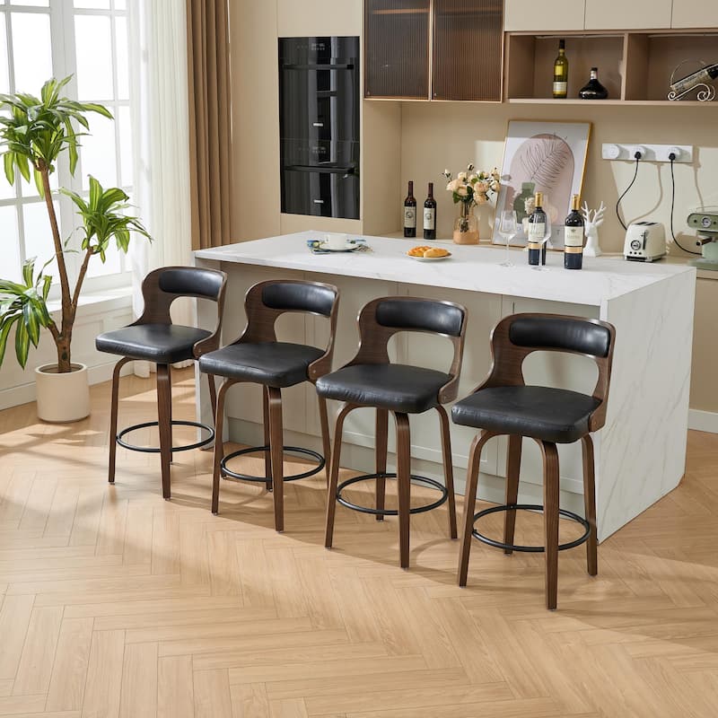 SEYNAR PU Leather 360 Degree Swivel Open Back Bar Stools Wood Legs Set of 4