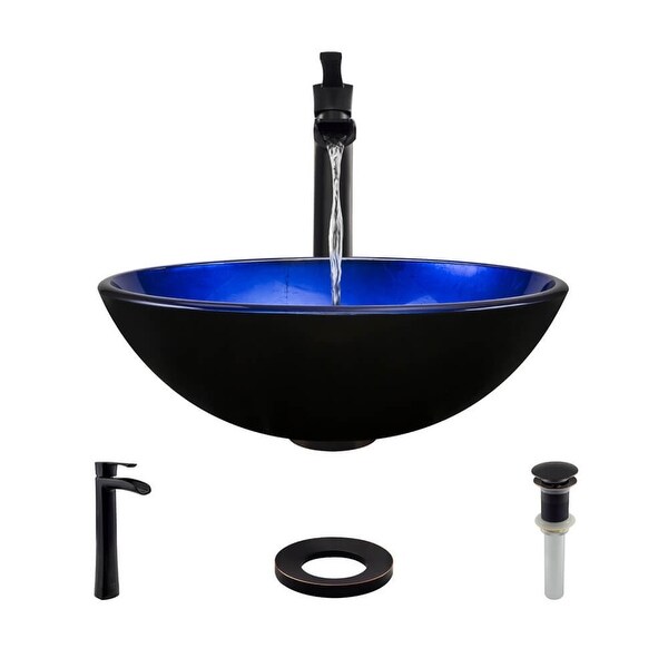 Rene R5-5008-R9-7007 16-1/2" Glass Vessel Bathroom Sink with Vessel Faucet, Sink Ring, and Vessel Pop-Up Drain