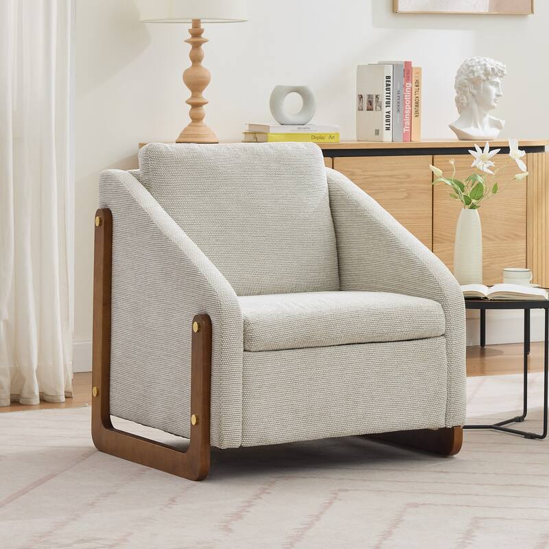 Modern Chenille Upholstered Armchair with Wooden Side Frame, Single Accent Leisure Chair with Backrest for Living Room, Bedroom
