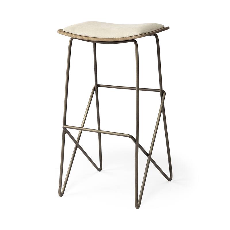 HomeRoots 30" Cream and Gold Iron and Fabric Backless Bar Height Bar Chair