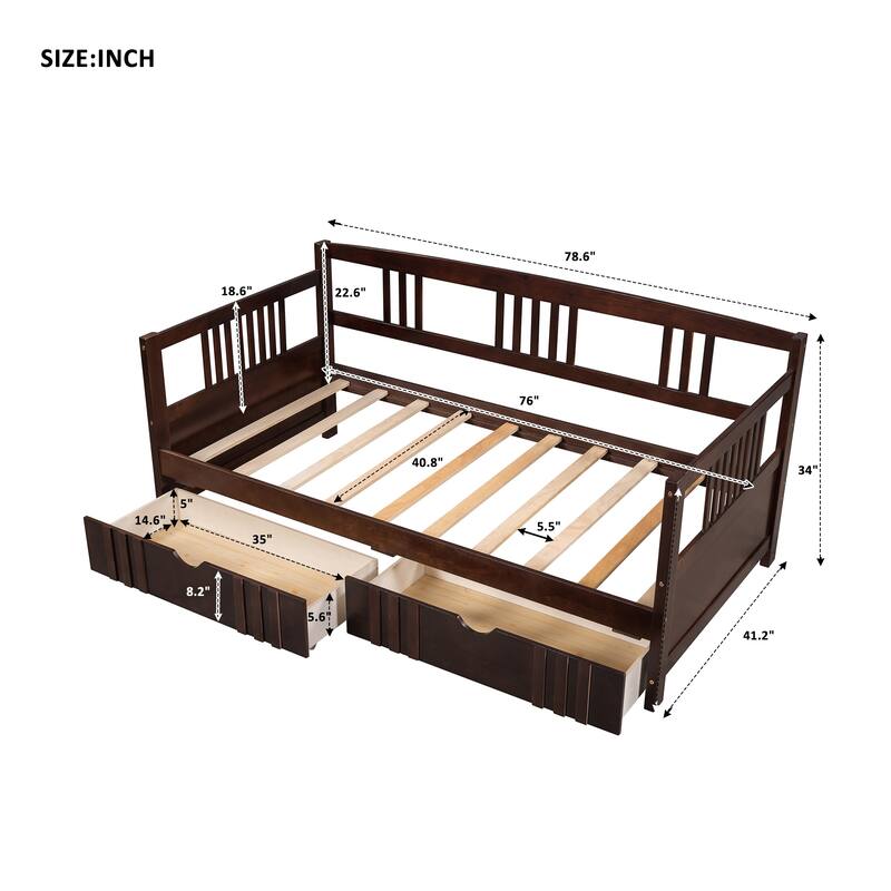 Daybed with Two Drawers, Solid Wood Frame, Guardrails, No Box Spring Needed