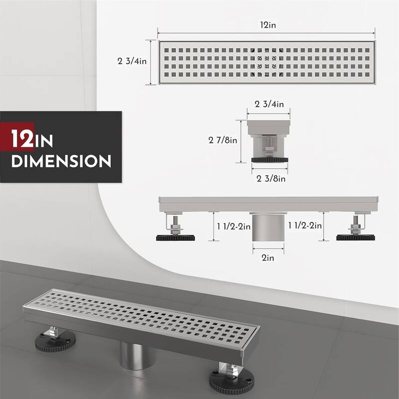 12-Inch Linear Shower Floor Drain, Square Hole Grate - 12 inch
