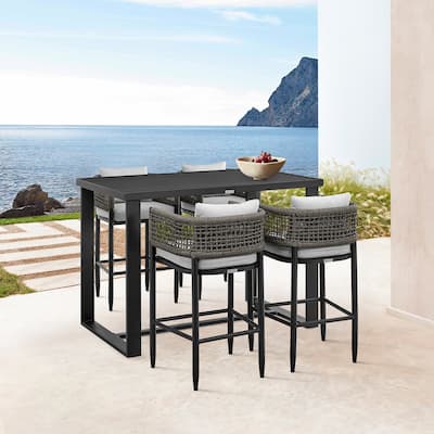 Alegria Outdoor Patio 5-Piece Bar Table Set in Aluminum with Grey Rope and Cushions