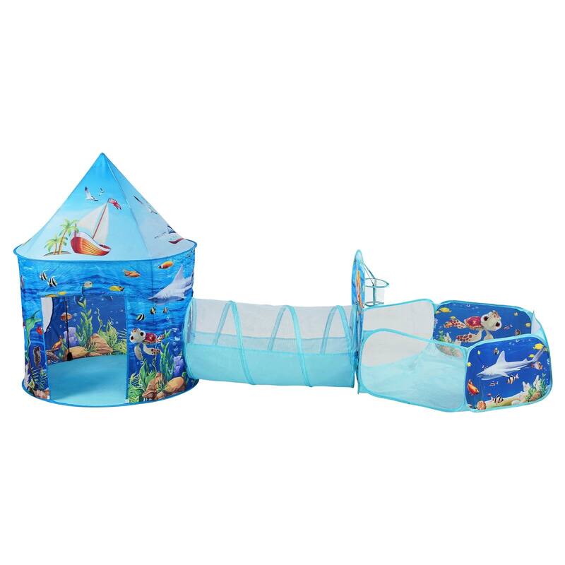 Multi Color Kids Tent Tunnel Set, 3 Piece Polyester Playhouse with Ball Pit - 39.4” L x 50” H