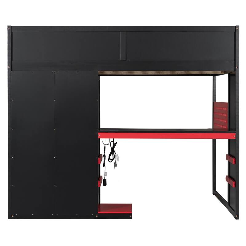 All-in-one Esports Gaming & Work Loft Bed with Adjustable Desk, LED, Charging Station, Pegboard, Storage Shelves and Wardrobe