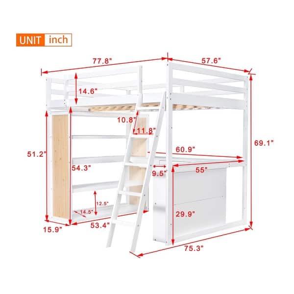 dimension image slide 0 of 2, All-in-one Full Size Loft Bed Storage Bed with Writing Desk, Bookcase, Pull-out Drawer, Open Shelves, Ladder and Guardrail