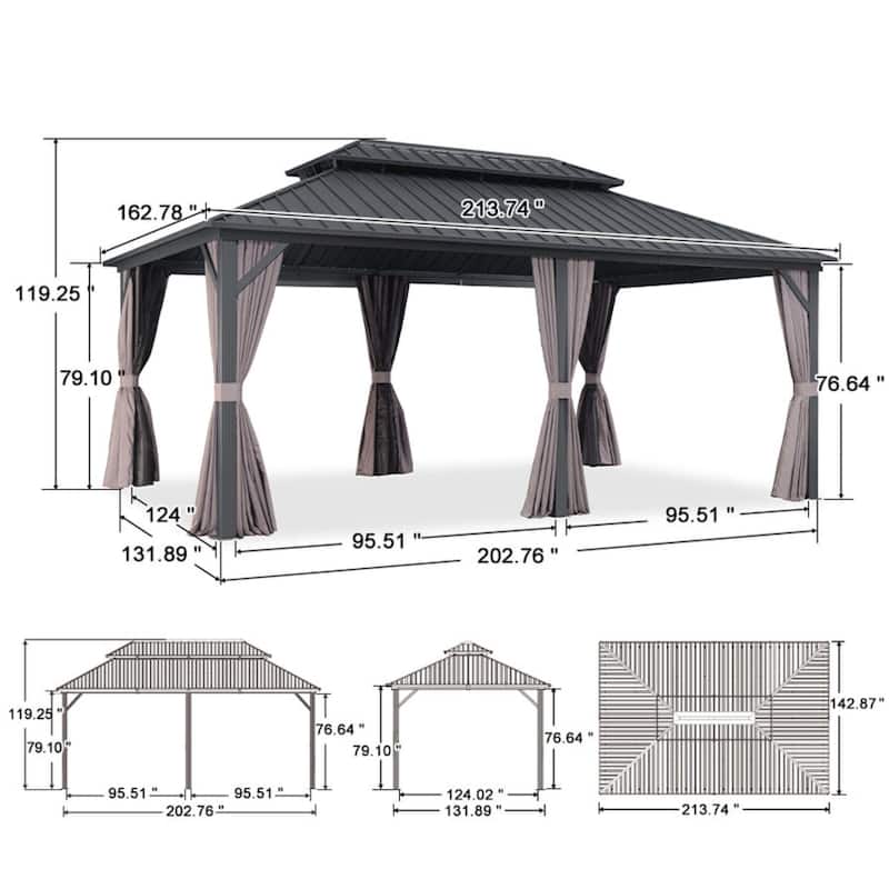 PURPLE LEAF Gazebo Outdoor Gazebo with Dual-Layer Galvanized Steel Double Roof Aluminum Gazebo with Netting and Curtains Grey