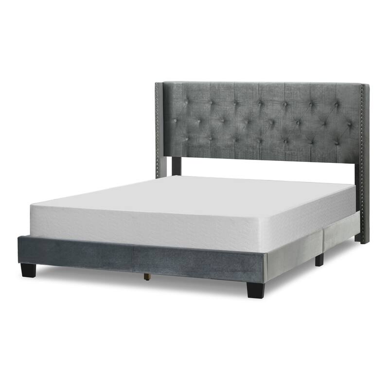 Asali Silver Grey Velvet Bed with Tufting and Nail Headed Wings