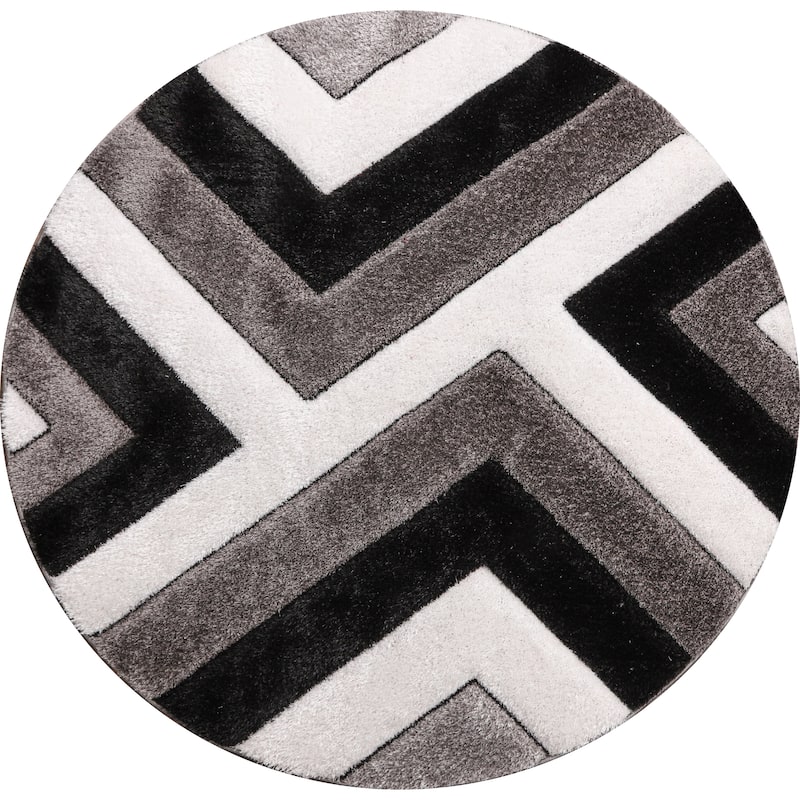 Santorini Collection Abstract Angle Area Rug - 7'7'' Round - Black
