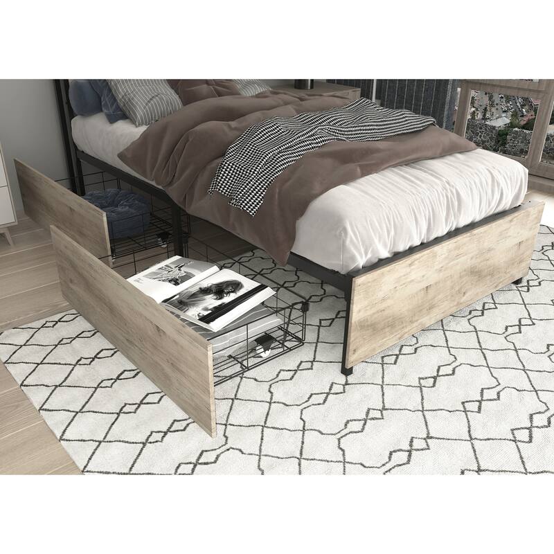 Platform Bed with Storage Headboard, Charging Station and LED light