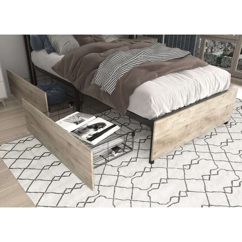 Twin Size Metal Storage Bed with Storage Headboard, Charging Station, and LED Lights