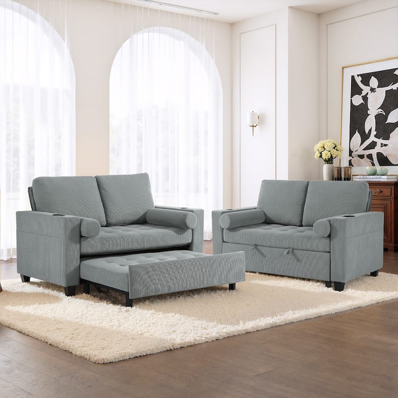 2 Set Multi-Functional Sleeper Sofa Bed 3-in-1 Pull-Out Convertible Adjustable Loveseat with USB Port