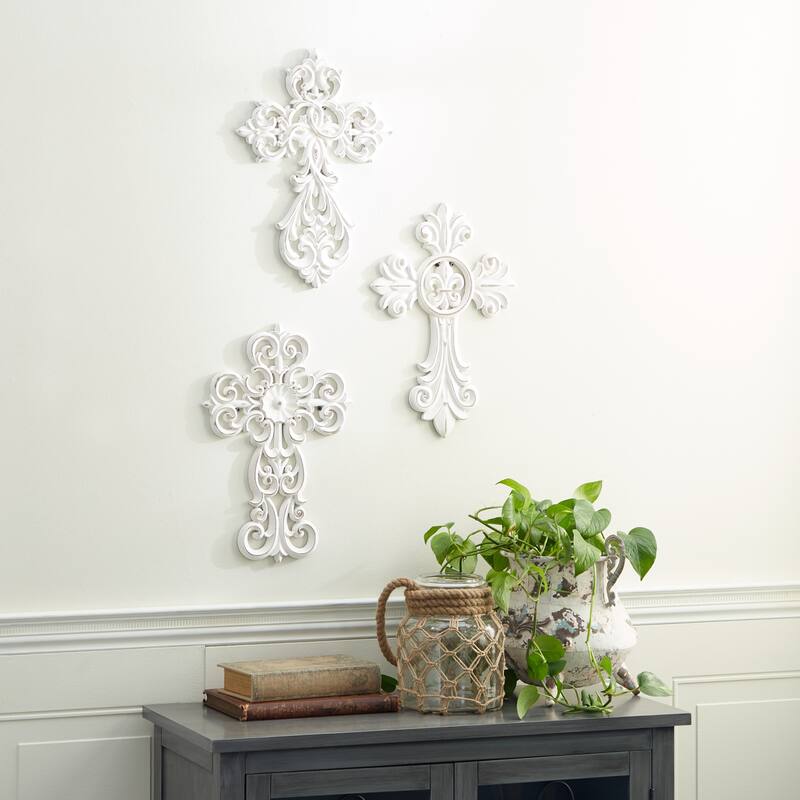 White Wooden Carved Cross Cross Home Wall Decor (Set of 3)