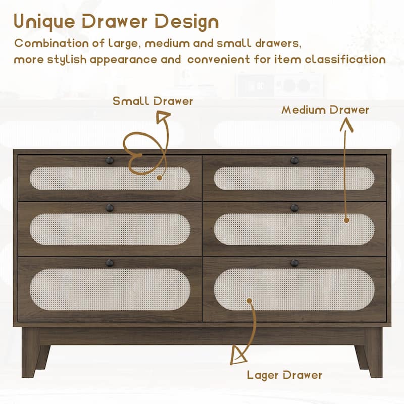 6-Drawer Rattan Dresser with Power Outlet, Wooden Chest of Drawers