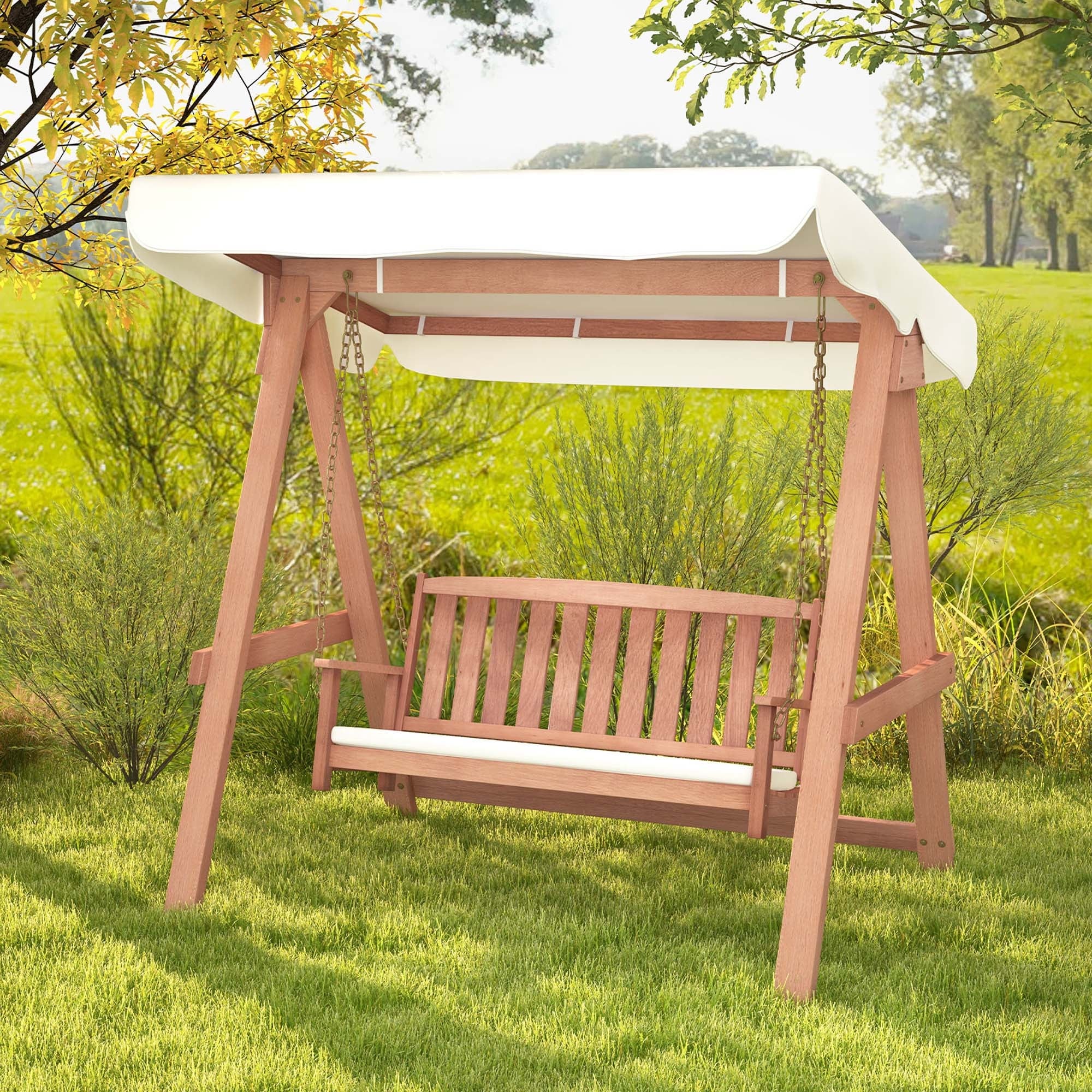 Backyard Wood Porch Swing Canopy Outdoor Patio Swing Bench Cushions