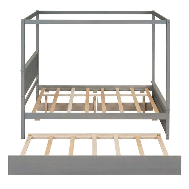Wood Canopy Bed with Trundle Bed and two Drawers