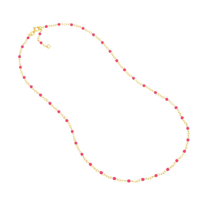 Curata 14k Yellow Gold 18" Neon Pink Enamel Bead Piatto Chain Necklace (Spring-ring)