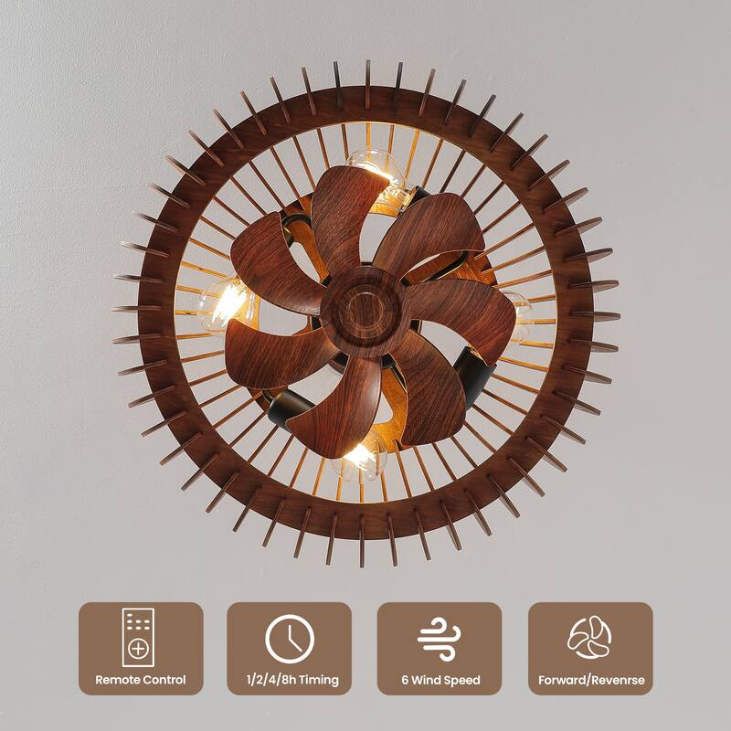 20" Ceiling Fan with Lantern for Kitchen, Farmhouse, Bedroom Ceiling Lights (6 Speeds, 1/2/4 Hour Timer) - Walnut