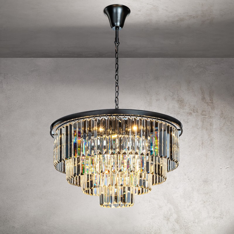 CraftHome 8-Lights Modern 4-Tier Round Fringe Crystal Chandelier for Dining Room - Matte Black