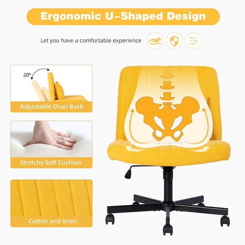 Criss Cross Chair with Wheels, Adjustable Armless Swivel Rolling Chair, Linen Upholstered Office Chair with Lumbar Pillow