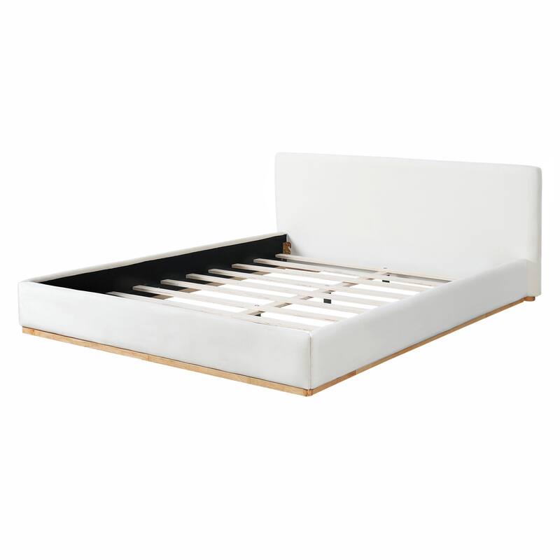 Roomfitters Elegant Upholstered Bed Frame, Solid Wood Slat Support, White
