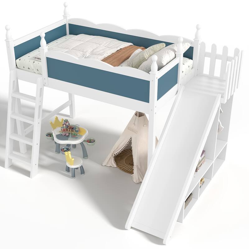 Twin Loft Bed with Storage Shelves and Wardrobe, Solid Wood Loft Beds with Detachable Slide and Ladders, No Spring Box Needed