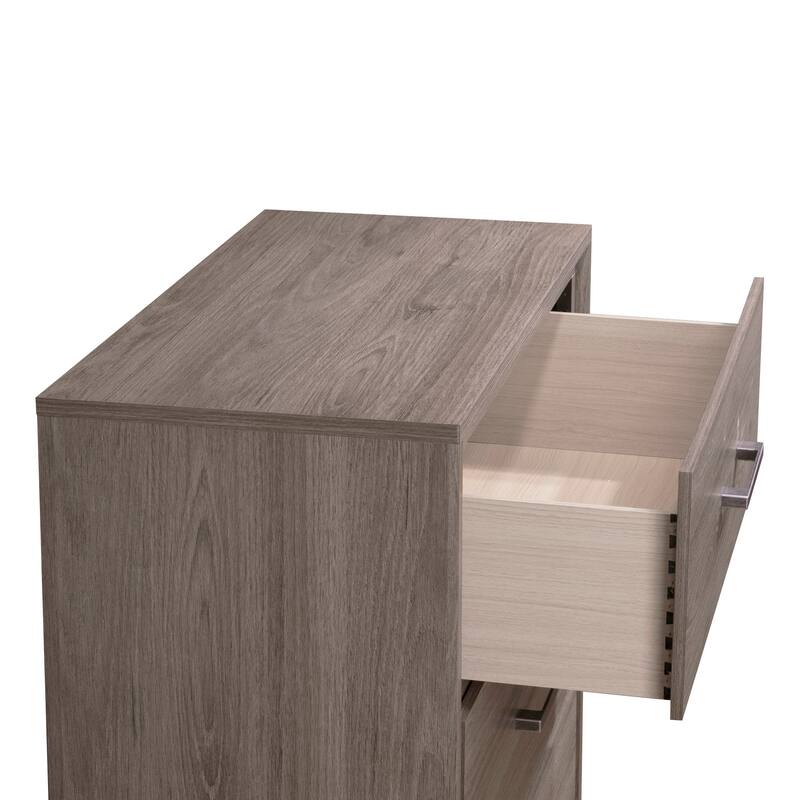 Contemporary Two-Drawer Nightstand with Metal Handle in Gray Oak