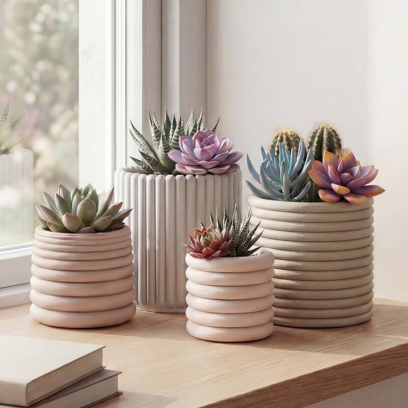 JONATHAN Y Silas Modern Minimalist Handmade Concrete Fluted Sculptural Cylinder Planter Set with Drainage Holes (Set of 4)