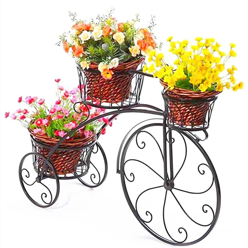 Large Bike Planter Garden Ornament Metal Bicycle Plant Stand with 3 Flower Pots Indoor Outdoor
