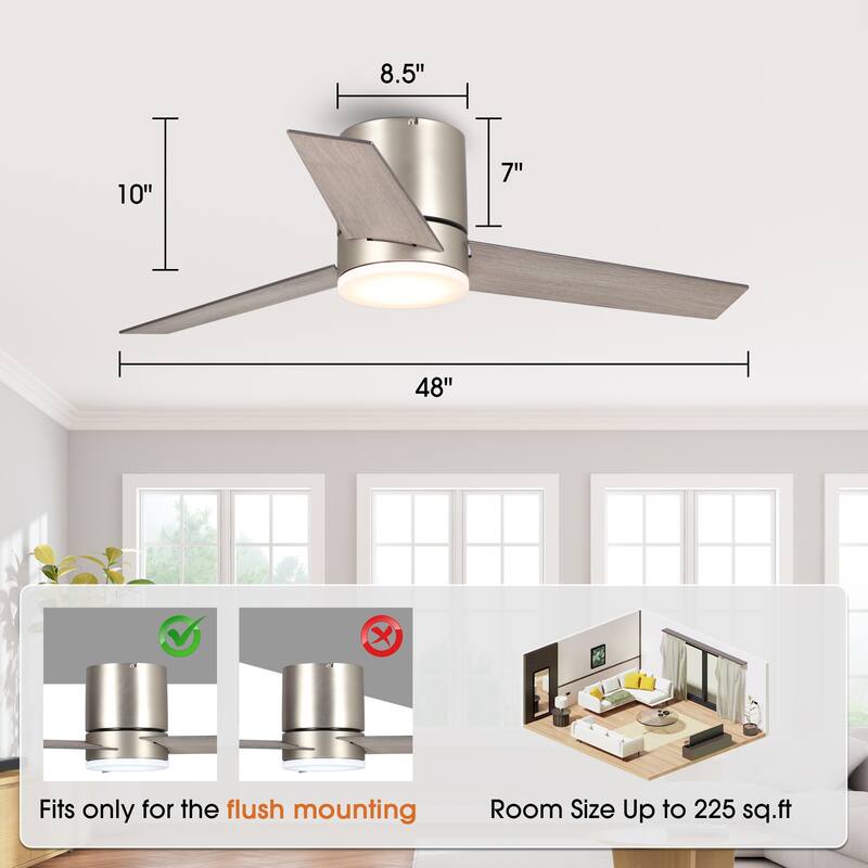 Modern 48" Wood 3-Blade LED Hugger Ceiling Fan with Remote - N/A