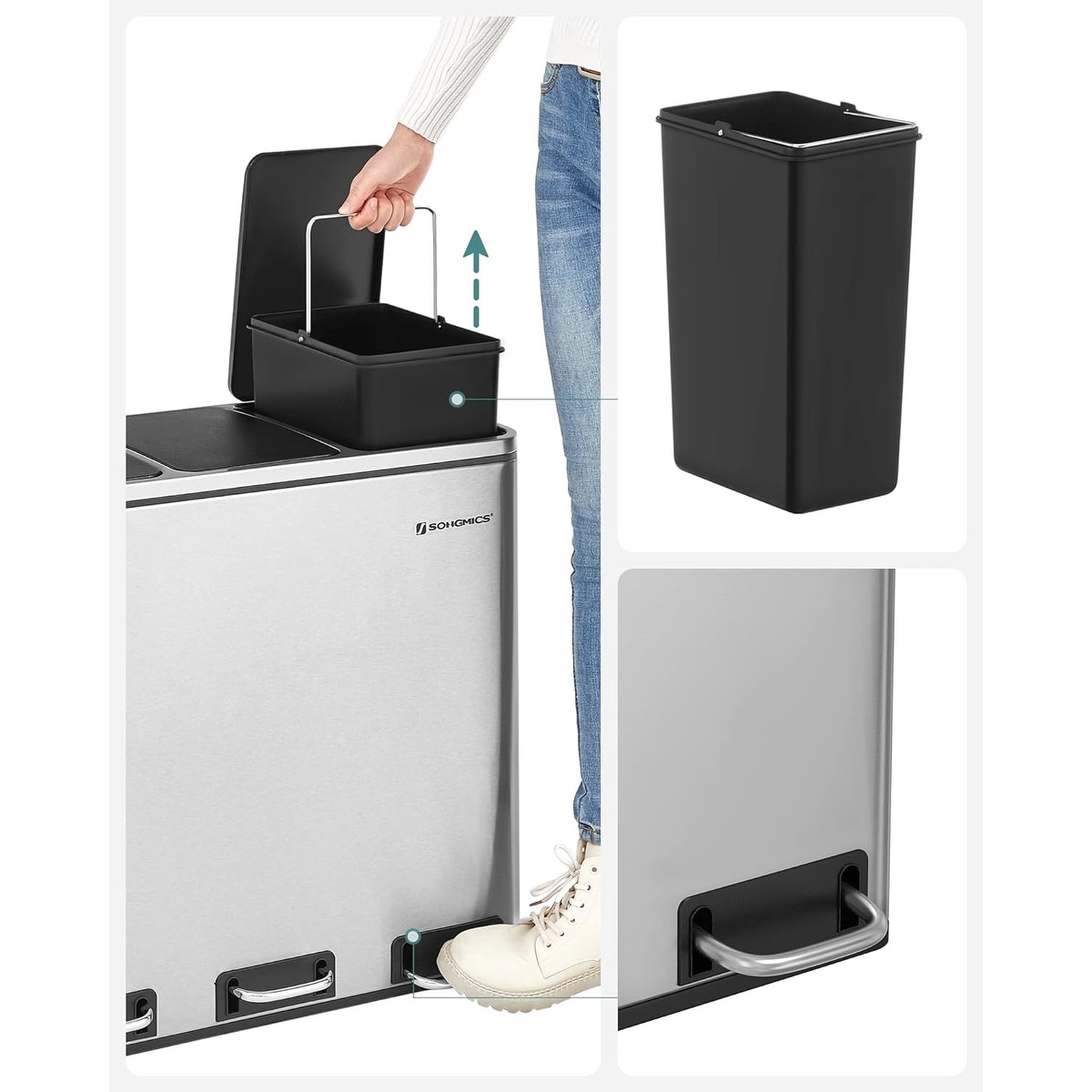 SONGMICS Trash Can, 14.4 Gallon Garbage Can, Stainless Steel