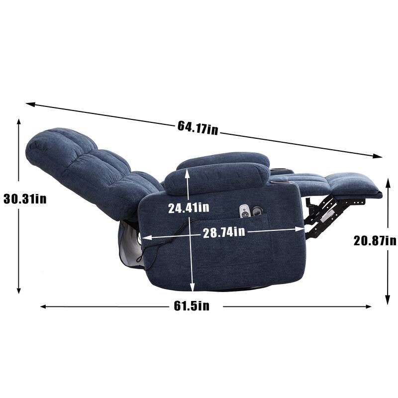 Swivel Recliner Chair with Heat & Massage, Oversized Fabric Manual Recliner Chair, Single Sofa with Cup Holders & Side Pocket