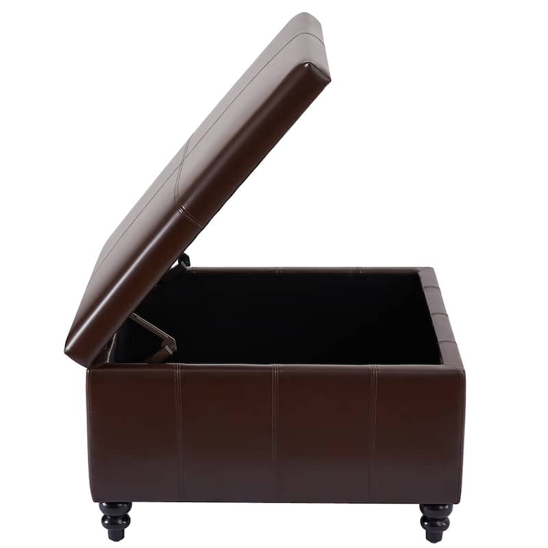Leather Square Storage Ottoman for Living Room, Brown/ Black 30"W x 30"D x 18.1"H