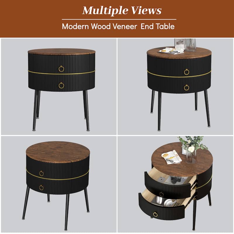 Myhozm Round End Table with Storage, Barrel-Shaped Nightstand for Living Room, Bedroom