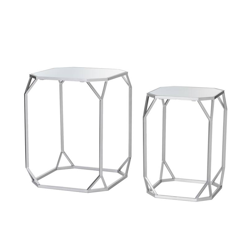 Glitzhome Set of 2 Glam Glass Modern Square/Octagon Gold/Silver Side Table Sofa Table - Octagon-Silver